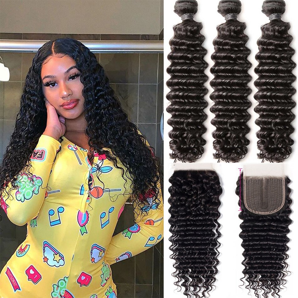 Tissage Bresiliens avec Closure   ̺  (Closure Curly Human Hair Water Wave 3 )